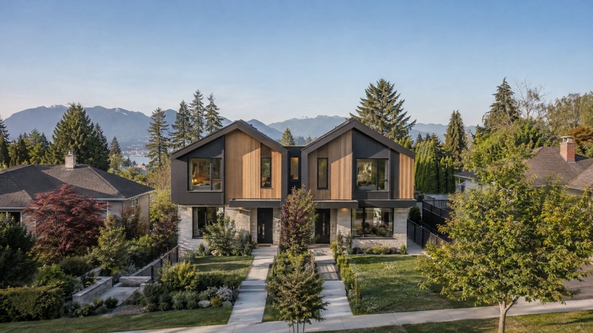 Modern side-by-side duplex with cedar and black cladding, mountains behind