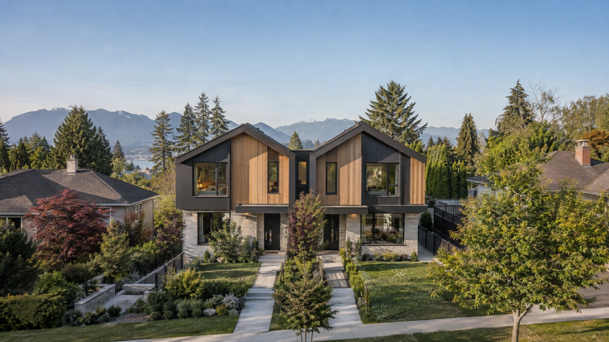 Modern side-by-side duplex with cedar and black cladding, mountains behind
