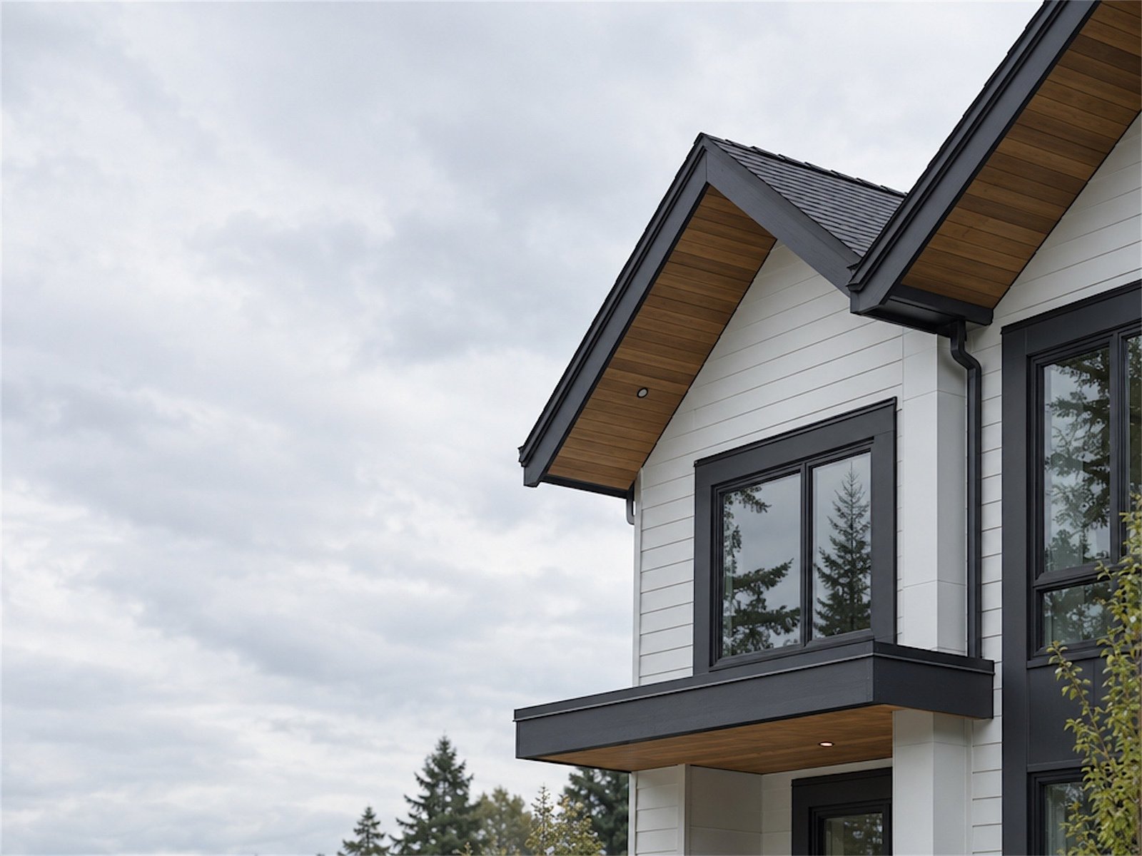 Gable of a new home with white siding, black window frames and a cedar soffit