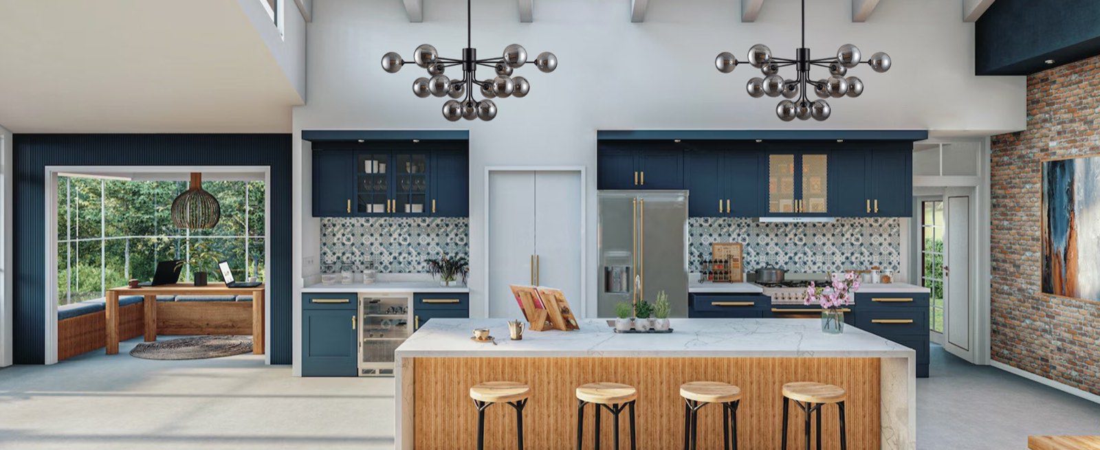 Open-plan kitchen with navy cabinetry, marble island and brass hardware
