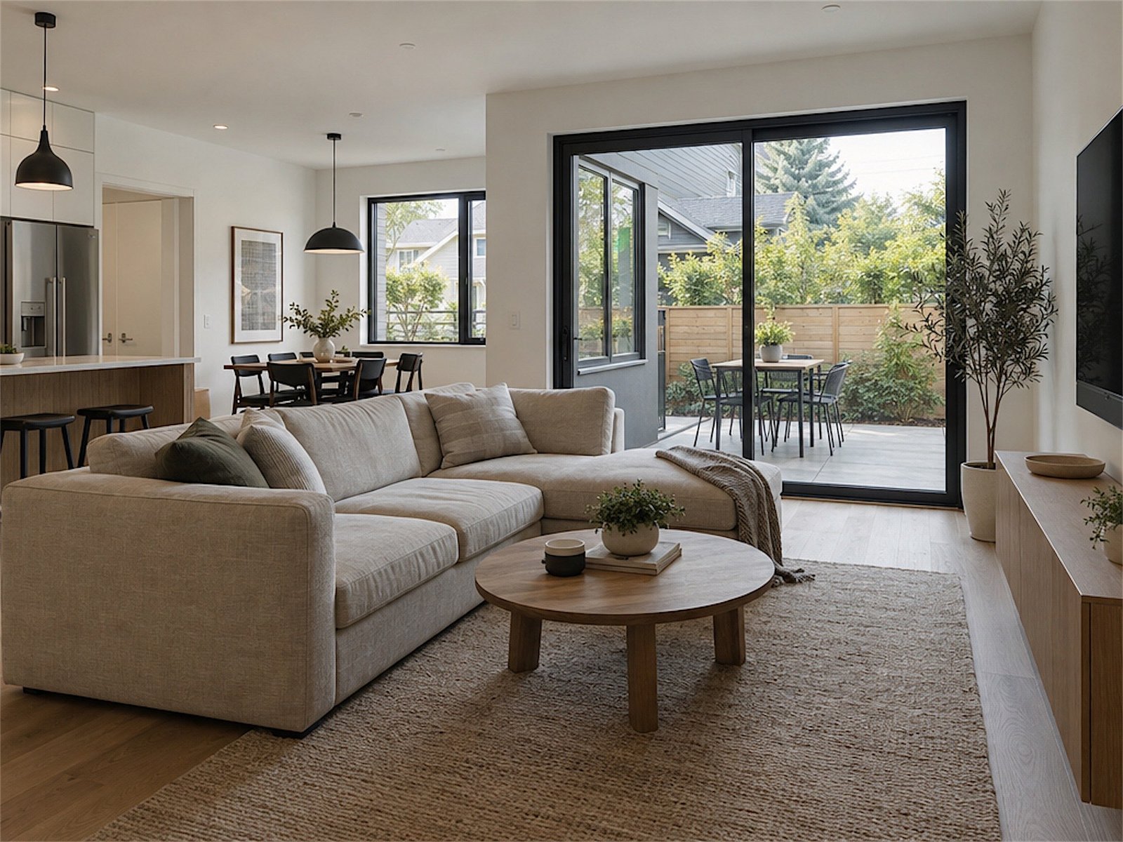 Bright open-plan living room with sliding doors onto a private patio