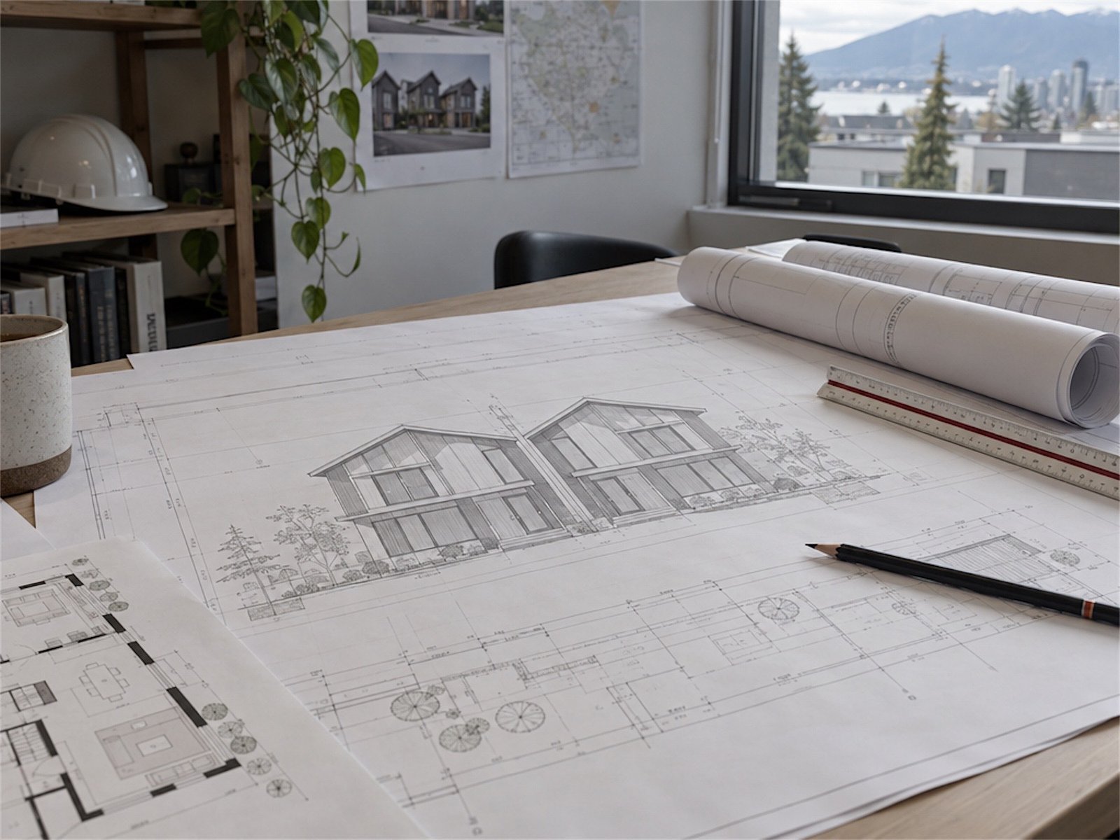 Architectural drawings of a duplex spread on a desk, with the North Shore mountains through the window