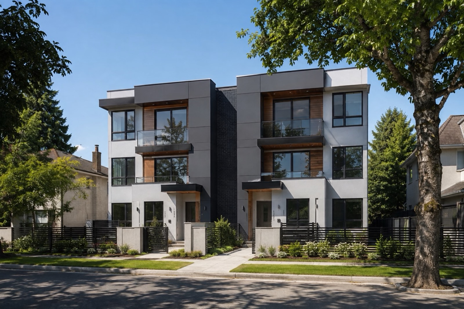 Completed modern duplex with white stucco, cedar accents and landscaped frontage
