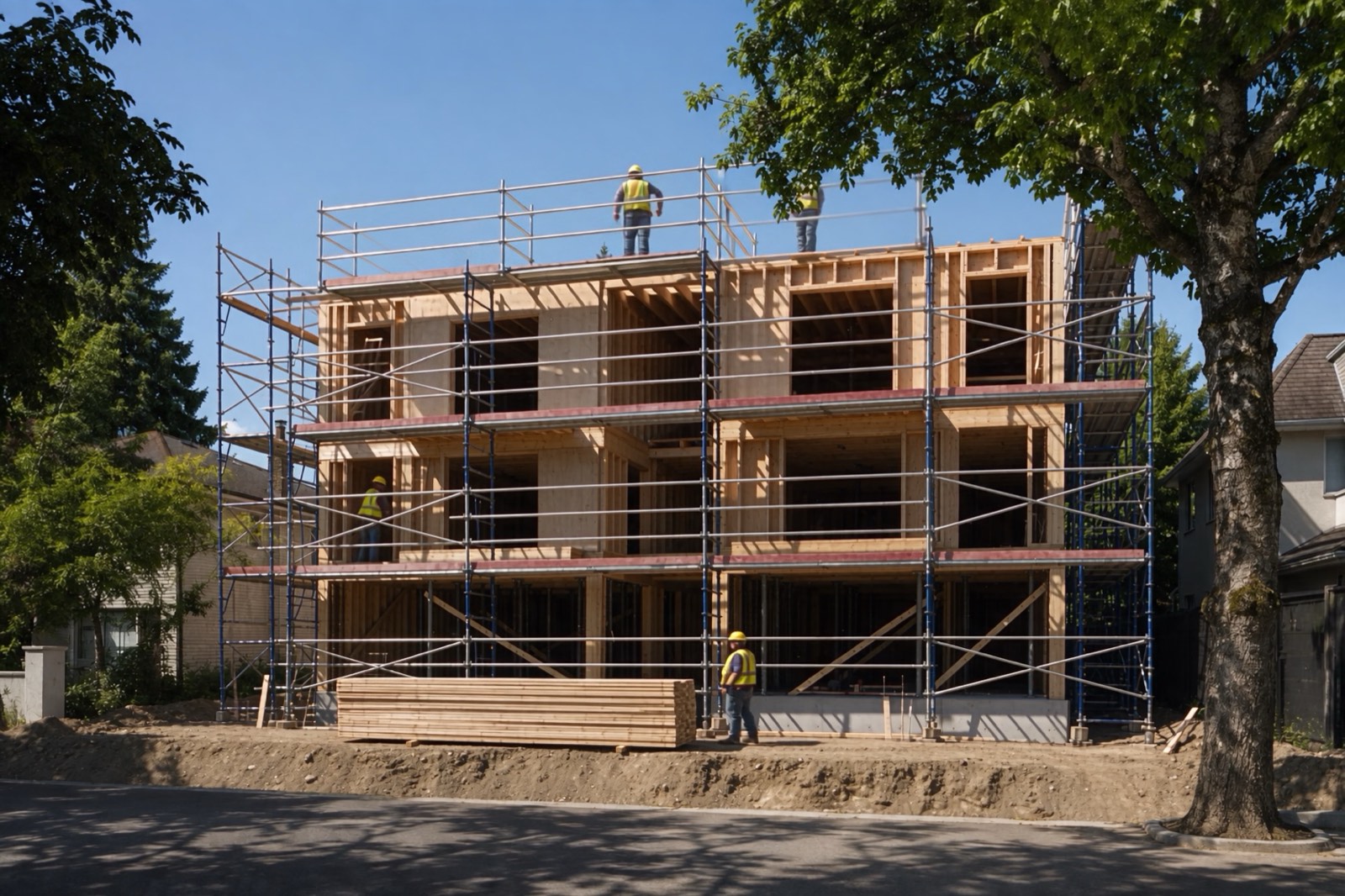 Three-storey timber framing under scaffold during construction