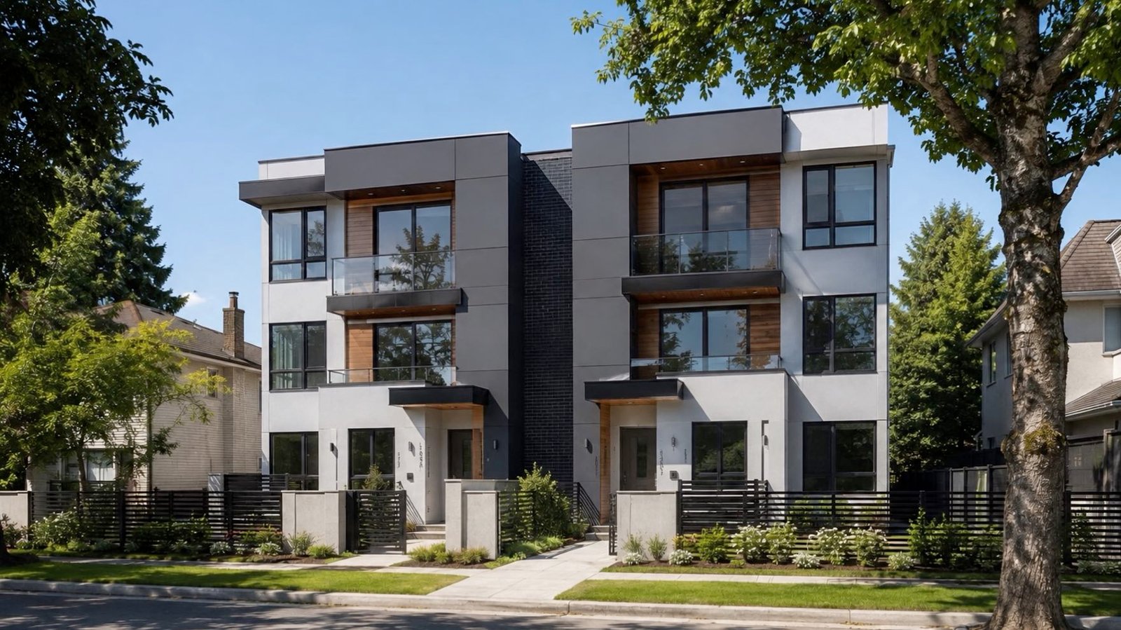 After: a finished three-storey multi-unit home with grey and cedar cladding